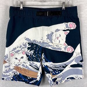 Ripndip Shorts Men S Blue White Great Wave Cat Japanese Belted Swim Surf Workout